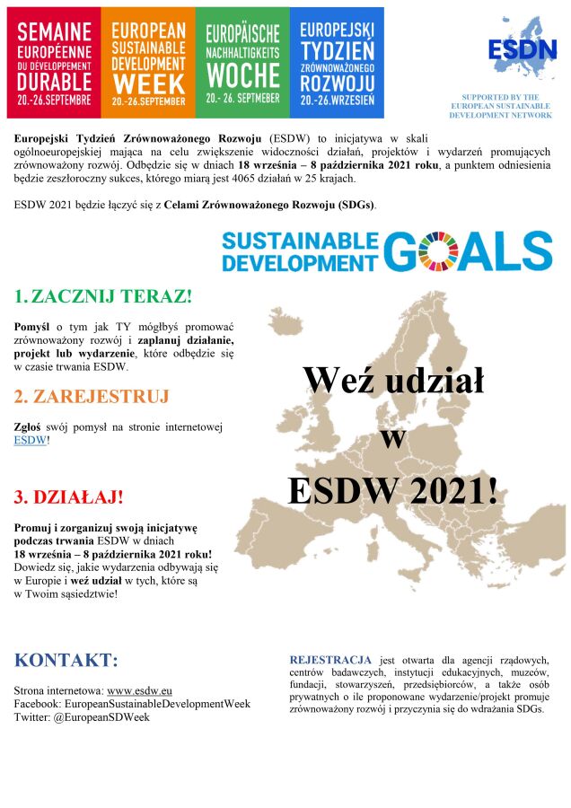 Europejski Tydzień Zrównoważonego Rozwoju 2021 odbędzie się w dniach 20-26 września. 